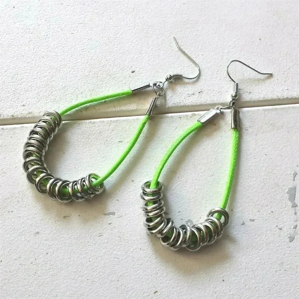 Artisan Neon Green Long Polyester Cord Silver Tone Rings Dangle Hoop Earrings